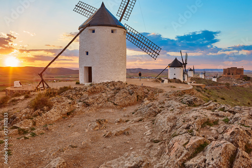 Traditional antique windmills at sunset in Spain. Consuegra, Toledo