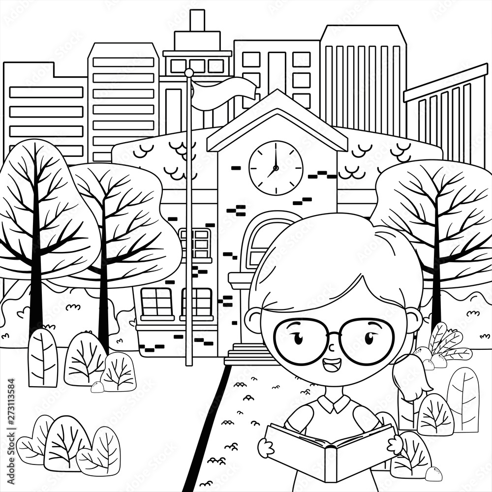 Fototapeta premium School building and girl cartoon design