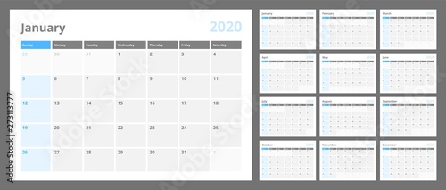 Calendar for 2020 new year in clean minimal table simple style. Week Starts on Sunday. Set of 12 Months.