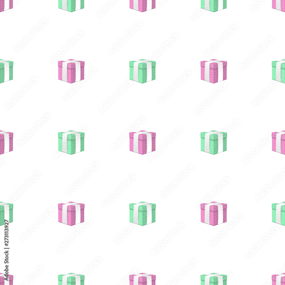 Seamless pattern with realistic 3d pink and mint gift boxes with white ribbon on white background. Christmas, New Year, Celebrations, Birthdays. Vector illustration for design, wrapping paper, fabric.