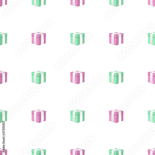 Seamless pattern with realistic 3d pink and mint gift boxes with white ribbon on white background. Christmas  New Year  Celebrations  Birthdays. Vector illustration for design  wrapping paper  fabric.