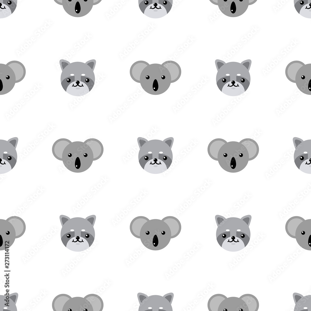 Seamless pattern with cute koala and raccoon. Vector illustration for design, web, wrapping paper, fabric, wallpaper. Seamless pattern with cute koala and raccoon. Vector illustration for design, web, wrapping paper, fabric, wallpaper.