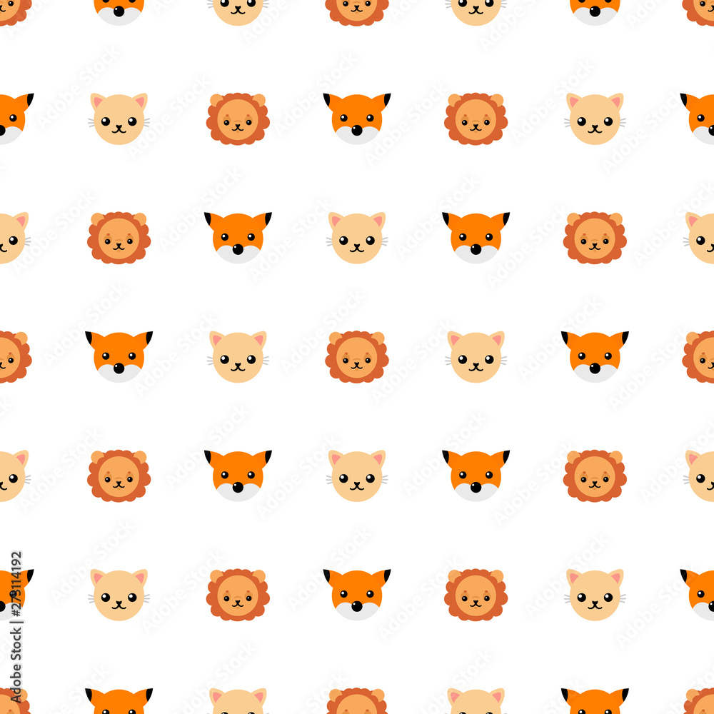 Seamless pattern with cute cat, lion and fox. Vector illustration for design, web, wrapping paper, fabric, wallpaper. Seamless pattern with cute cat, lion and fox. Vector illustration for design, web, wrapping paper, fabric, wallpaper.