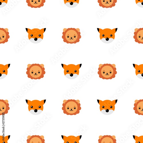 Seamless pattern with cute lion and fox. Vector illustration for design, web, wrapping paper, fabric, wallpaper.