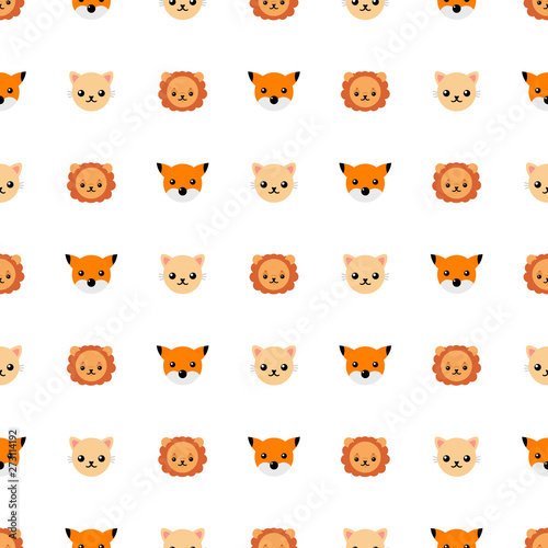 Seamless pattern with cute cat, lion and fox. Vector illustration for design, web, wrapping paper, fabric, wallpaper. © Alody