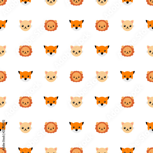 Seamless pattern with cute cat, lion and fox. Vector illustration for design, web, wrapping paper, fabric, wallpaper.