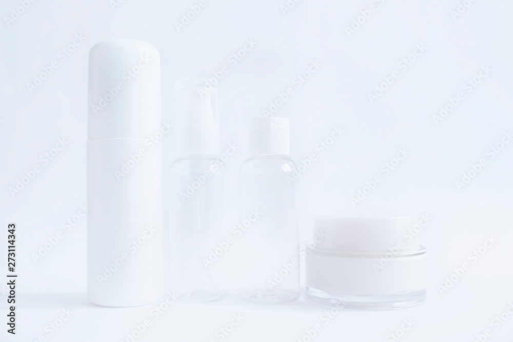 Set of empty cosmetic containers. Collection of skincare spa products. Natural beauty product concept. Closeup. Set of empty cosmetic containers. Collection of skincare spa products. Natural beauty product concept. Closeup.