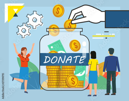 Donate, charity, save money. People stand near big bottle with cash, money, coins. Poster for web design, banner, social media, presentation. Flat design vector illustration © paper_owl