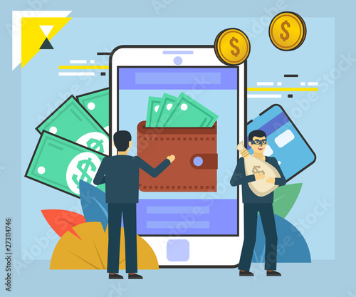 Cyber thieves, internet scammers. Thieves steal money from online wallet, credit card. Poster for web page, banner, presentation, social media. Flat design vector illustration