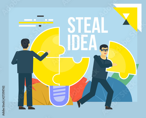 Thieves steal idea, intellectual property infringement. Poster for web page, banner, presentation, social media. Flat design vector illustration