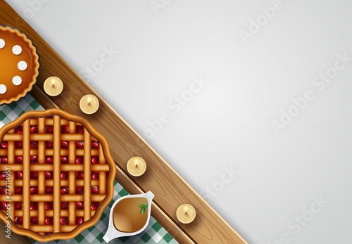 Thanksgiving dinner background with turkey and all sides dishes, pumpkin pie, fall leaves and seasonal autumnal decor on wooden background, top view, copy space