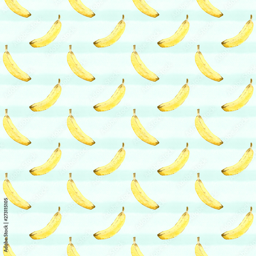 Seamless watercolor yellow bananas on striped mint background pattern