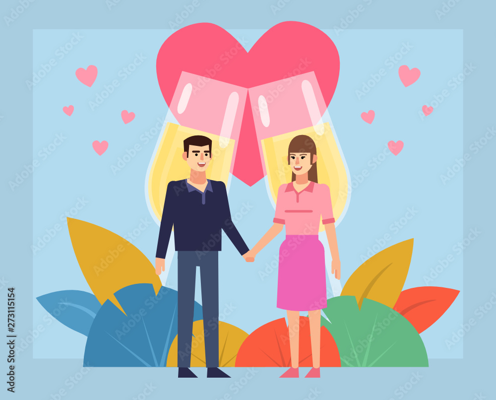 Fototapeta premium Man and woman on a date. Couple stand and hug near big champagne glasses. Poster for web design, social media, banner, presentation. Flat design vector illustration