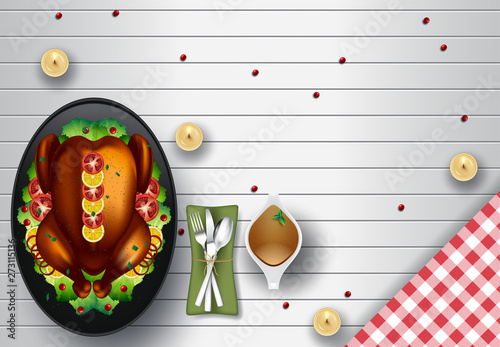 Thanksgiving Turkey dinner on white wooden table with copy space