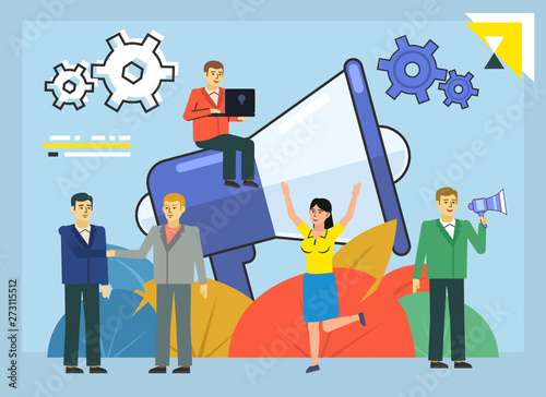 We're hiring, recruitment agency, vacancy, searching for employee concept. People stand near big megaphone. Poster for social media, web page, banner, presentation. Flat design vector illustration