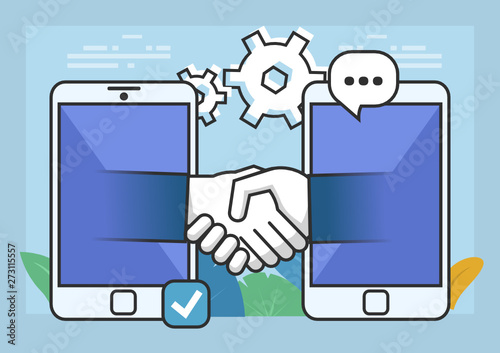 Make deal on distance, online business agreement. Virtual handshake. Poster for web page, banner, social media, presentation. Flat design vector illustration