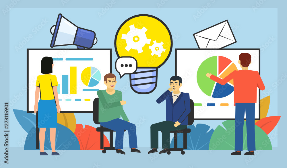 Brainstorm, think, business plan, discussion. Office people talking, chatting at meeting. Poster for social media, web page, banner, presentation. Flat design vector illustration Brainstorm, think, business plan, discussion. Office people talking, chatting at meeting. Poster for social media, web page, banner, presentation. Flat design vector illustration