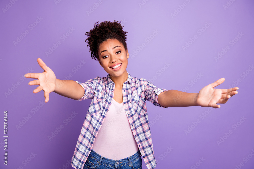 Portrait of funny cute charming friendly lady cuddle friend feel excited enjoy content glad want see him her dressed checked shirts isolated on purple background - obrazy, fototapety, plakaty 