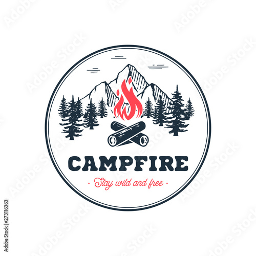 Campfire stay wild circle white Vector illustration.
