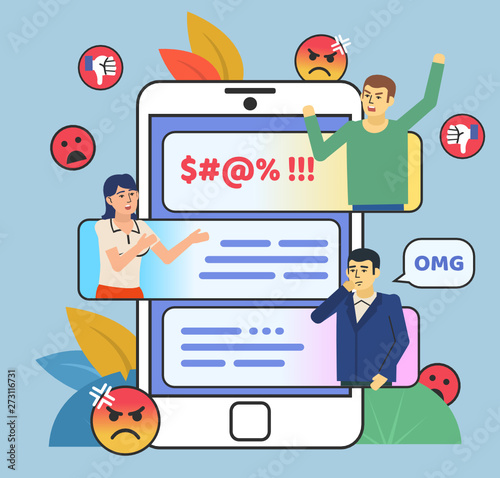Bullying, trolling online in phone chat, messenger. People quarreling in phone chat. Poster for social media, web page, banner, presentation. Flat design vector illustration