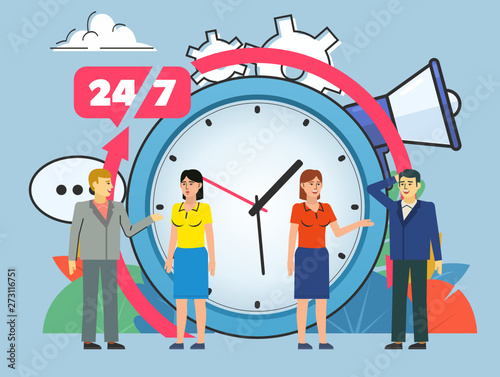 Call center, support working 24/7. People stand near big watches. Poster for social media, web page, banner, presentation. Flat design vector illustration