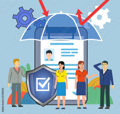 Life insurance concept. People stand near big document, shield. Poster for social media, web page, banner, presentation. Flat design vector illustration