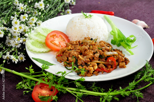 Stir-fried pork with basil leaves,Thai food