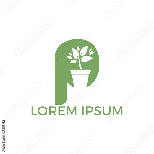 Flower pot and alphabet P logo design. Plant alphabet P and flowerpot vector logo design template.