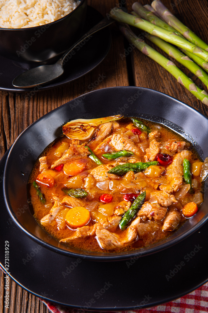colorful turkey fricassee with asparagus and paprika colorful turkey fricassee with asparagus and paprika