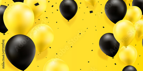 Yellow and black balloons with confetti on a yellow background. Celebration background. Vector illustration.