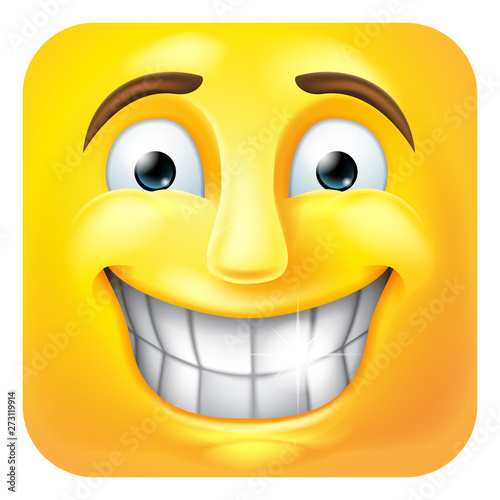 An awkwardly smiling happy emoji or emoticon square face 3d icon cartoon character