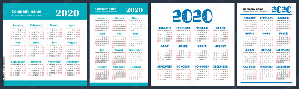 Calendar 2020 year set. Vector square and vertical calender design template. Color English collection. Week starts on Sunday