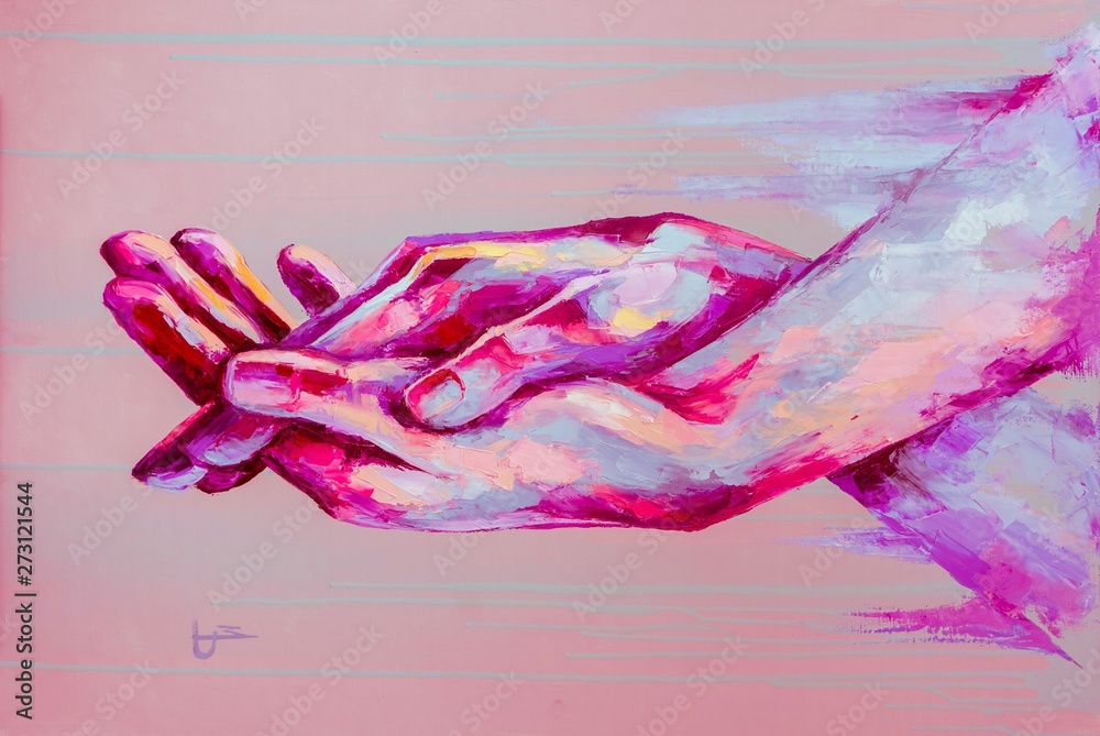 “Support” - oil painting. Conceptual abstract picture of holding hands. The background is painted with acrylic with smudges. Conceptual abstract closeup of an oil painting and palette knife on canvas. - obrazy, fototapety, plakaty 