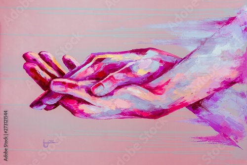 Fototapeta Naklejka Na Ścianę i Meble -  “Support” - oil painting. Conceptual abstract picture of holding hands. The background is painted with acrylic with smudges. Conceptual abstract closeup of an oil painting and palette knife on canvas.