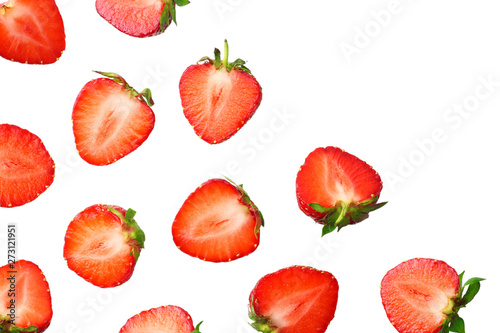 Sliced strawberry isolated on white background. Top view
