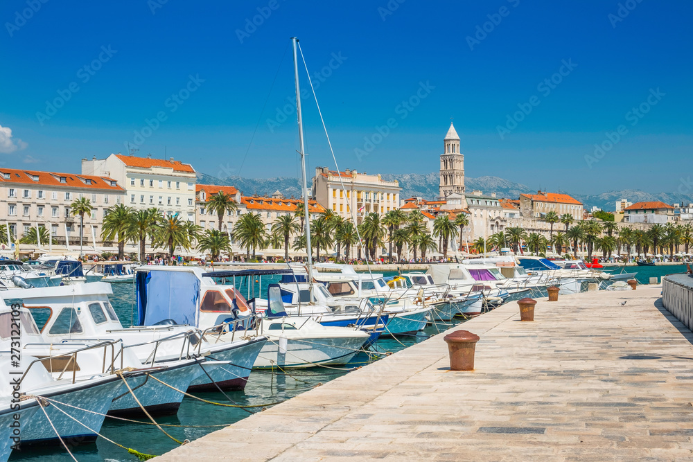 Boats and yachts in marina of Split, Croatia, largest city of the region of Dalmatia and popular touristic destination, beautiful seascape