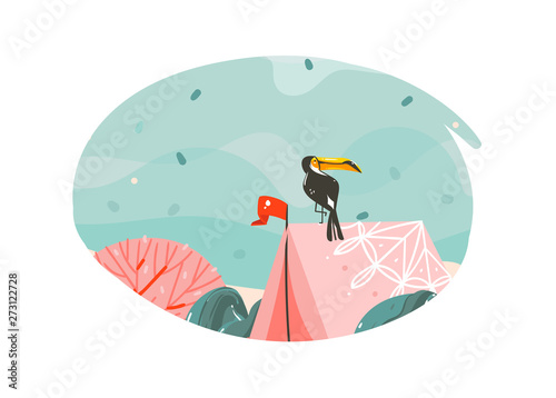 Hand drawn vector abstract cartoon summer time graphic illustrations badge template background with sea sand beach,blue waves,toucan bird,pink bohemian camping tent and copy space for your text