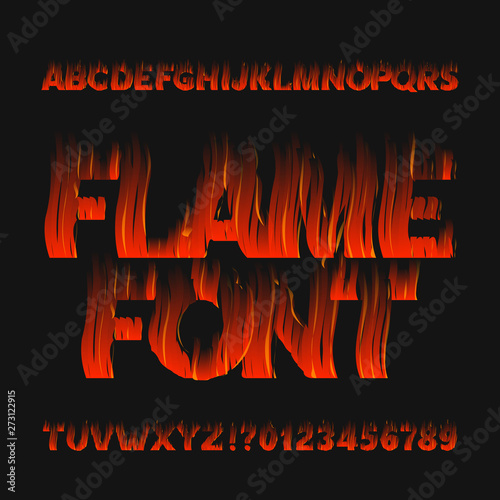 Flame alphabet font. Fire effect type letters and numbers on dark background. Stock vector typeface for your design.
