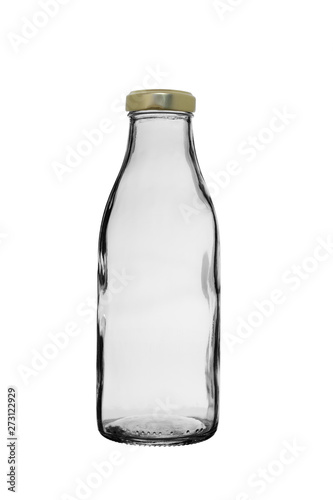 the empty glass bottle closed by a metal cover, isolated on a white background