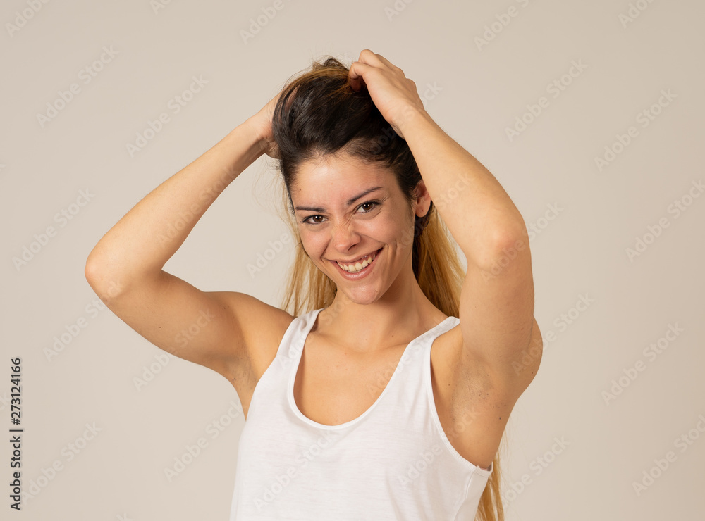 Human expressions and emotions. Close up of young attractive cheerful woman with smiling happy face Human expressions and emotions. Close up of young attractive cheerful woman with smiling happy face