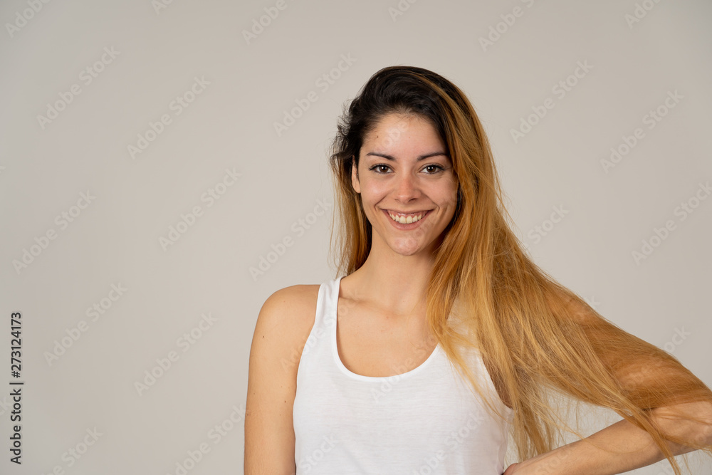 Human expressions and emotions. Close up of young attractive cheerful woman with smiling happy face Human expressions and emotions. Close up of young attractive cheerful woman with smiling happy face