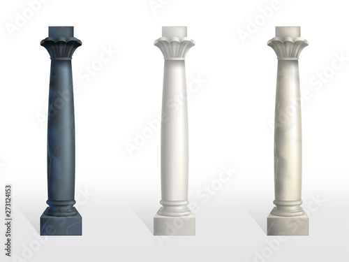 Cylindrical columns of black, white and beige marble stone with petals and rings on capital realistic vector set isolated on white background. Ancient architecture design, buildings structure elements