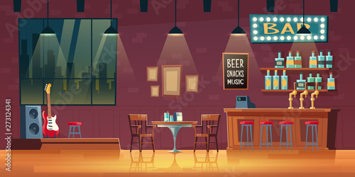 Music bar, pub cartoon vector empty interior with illuminated signboard, stools near bar counter, shelves with alcohol drinks bottles, table and chairs, stage for live music performances illustration