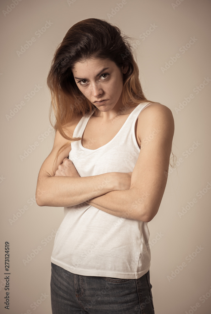 Obraz premium Human expressions and emotions. Desperate young attractive woman with angry face looking furious