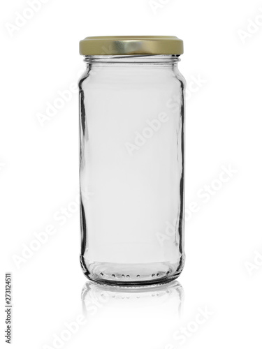 the empty glass jar closed by a metal cover with reflection, isolated on a white background