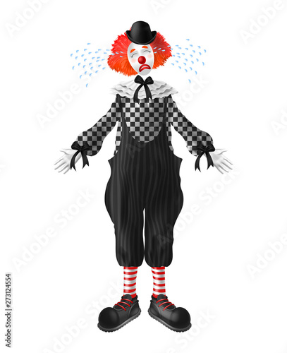 Crying red-hair clown with tears squirting from eyes, red nose and makeup on face, wearing bowler hat, checkered shirt, wide-leg pants and boots realistic vector character isolated on white background