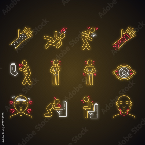 Allergy symptoms neon light icons set