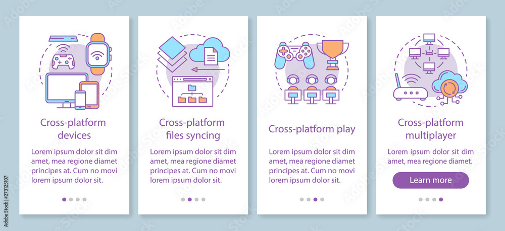 Multiplayer game onboarding mobile app page screen with linear concepts