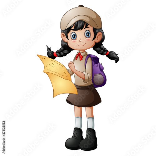 Scout girl standing with holding a map