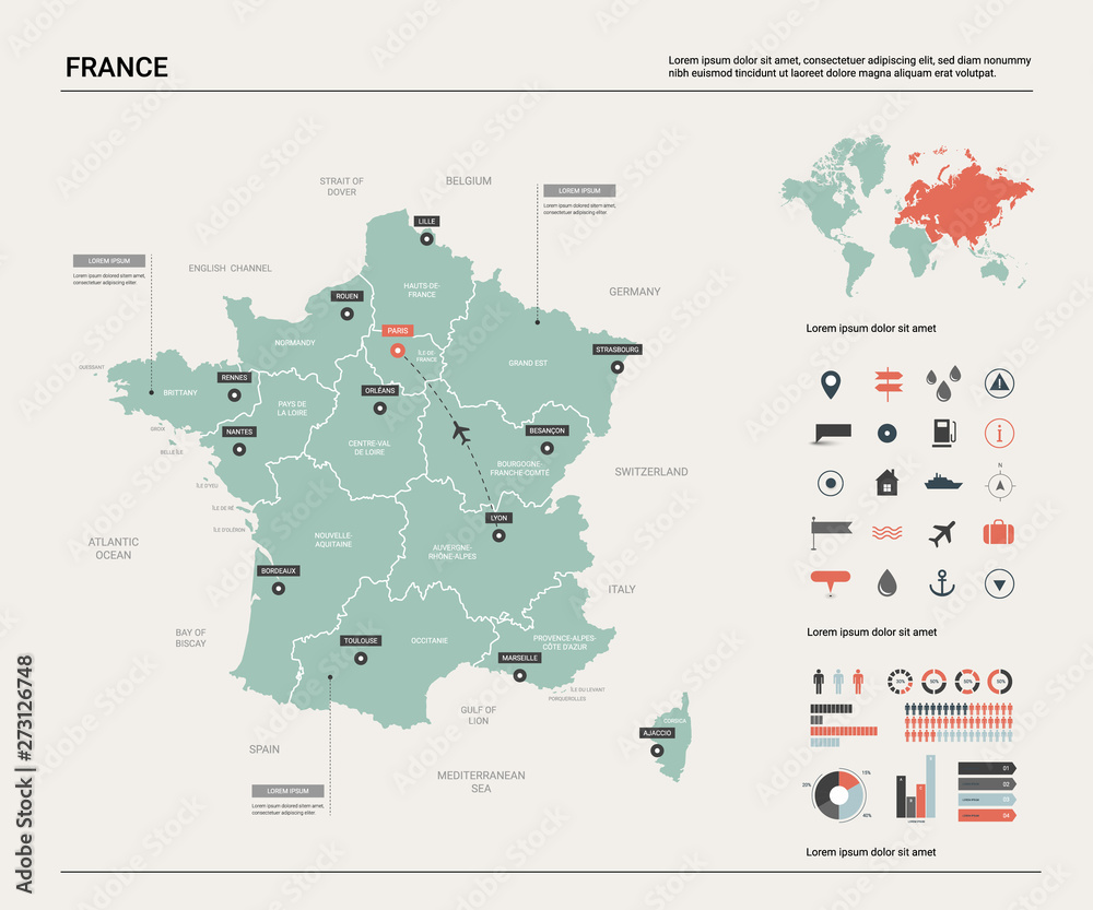 Fototapeta premium Mapa wektorowa Francji. Mapa kraju z podziałem, miastami i stolicą - Paryż. Mapa polityczna, mapa świata, elementy plansza.